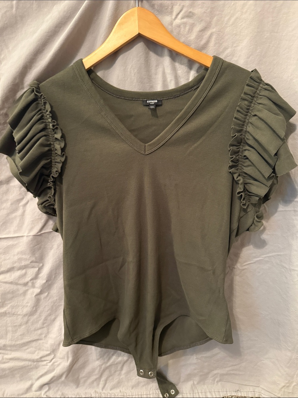 Express Olive V-Neck Ruffle Sleeve Bodysuit